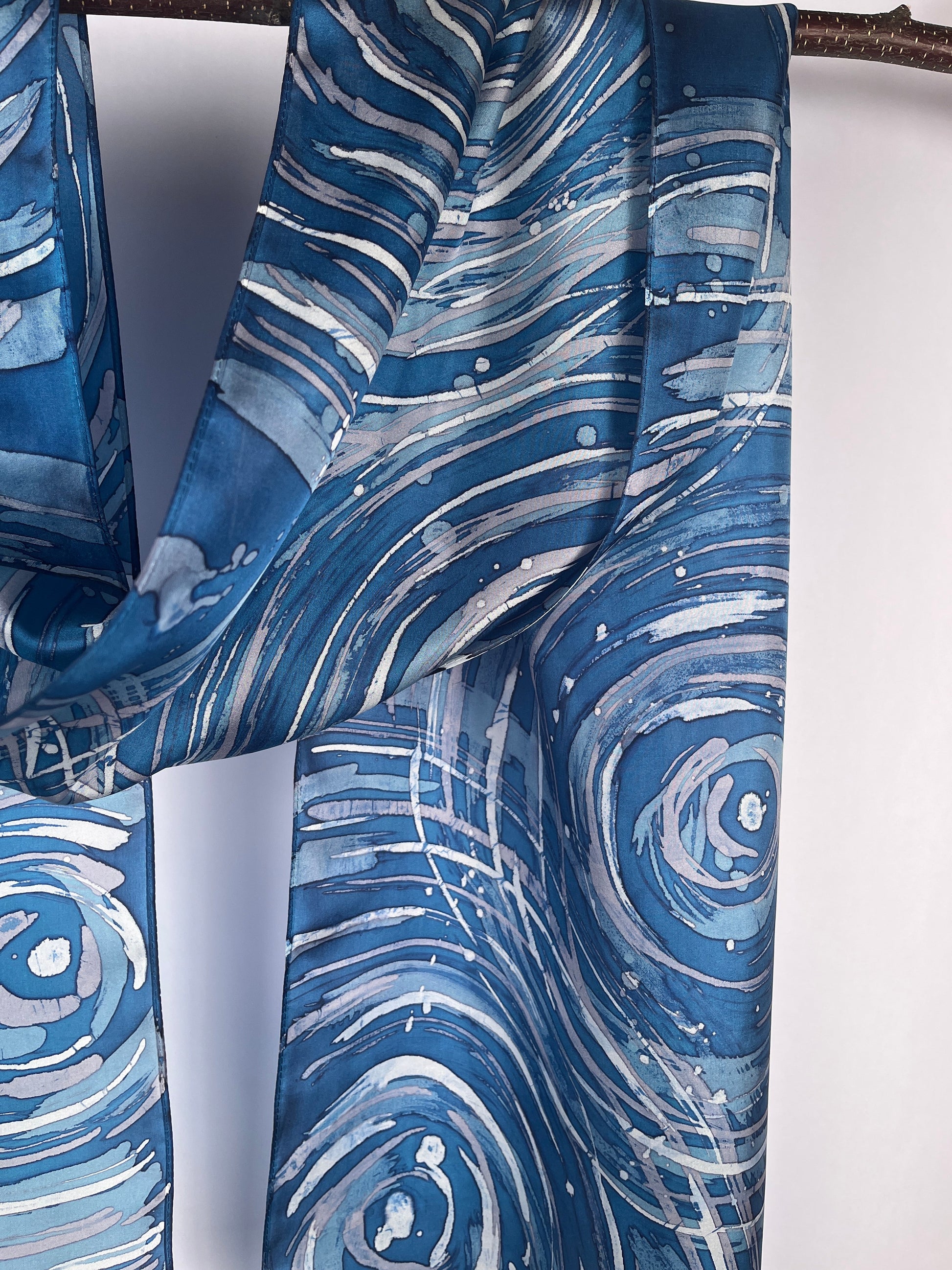 “Ripple Effect in Blues” - Hand-dyed Silk Scarf - $130 Silk Scarf Fox Run Studios