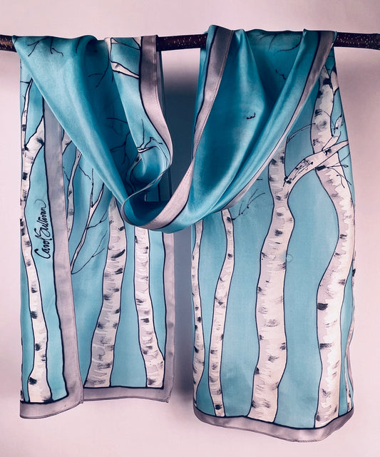 “Winter Birches v 2.0" - Hand-dyed Silk Scarf - $135 Silk Scarf Fox Run Studios