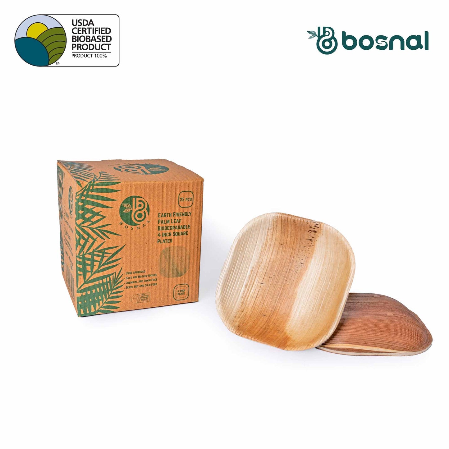 Bosnal - Palm Leaf Biodegradable Plates, 4 inch, Square, 25 Pcs Plates Bosnal