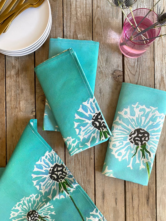 Napkin Set: Dandelions on Aqua Cloth Napkins India & Purry by Jessica Hollander