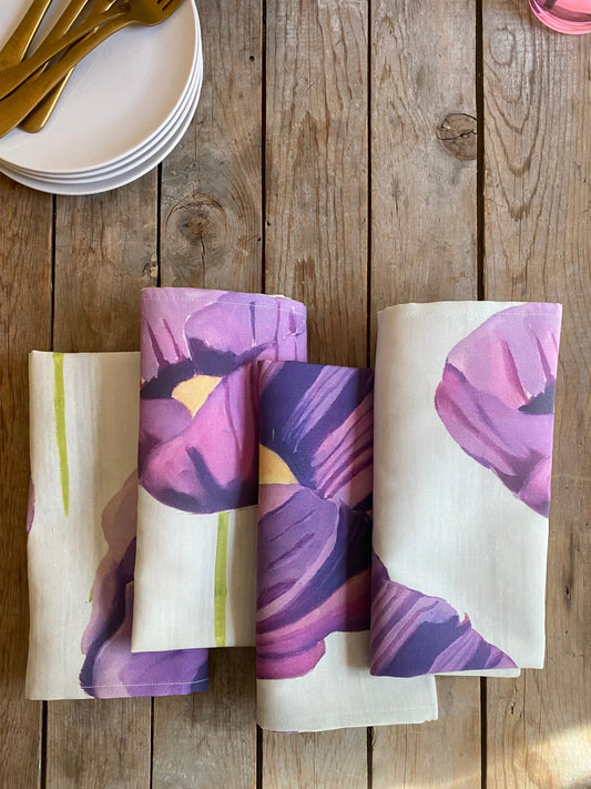 Napkin Set: Purple Poppies on Snow Cloth Napkins India & Purry by Jessica Hollander