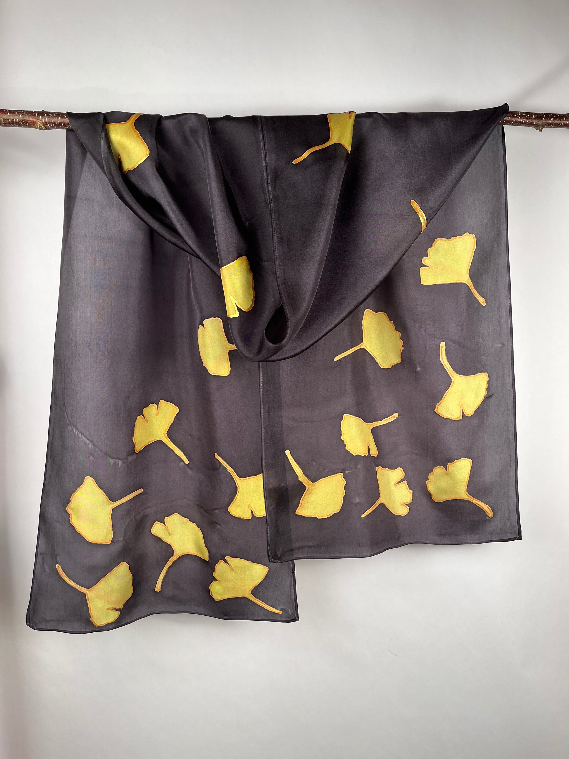 “Golden Gingko on Black" - Hand-dyed Silk Scarf - $135 Silk Scarf Fox Run Studios