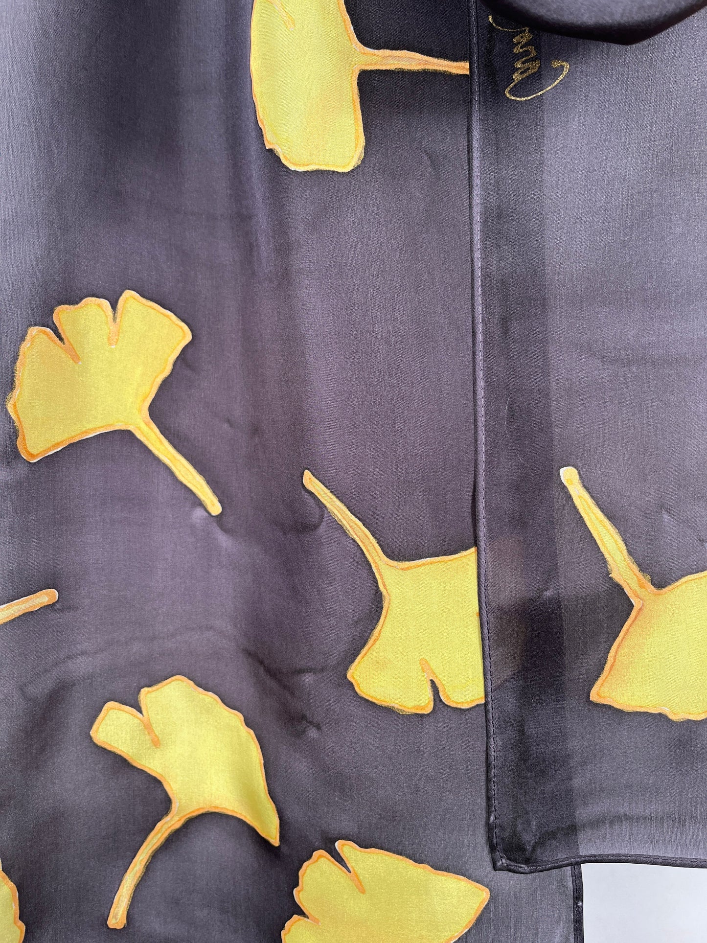 “Golden Gingko on Black" - Hand-dyed Silk Scarf - $135 Silk Scarf Fox Run Studios