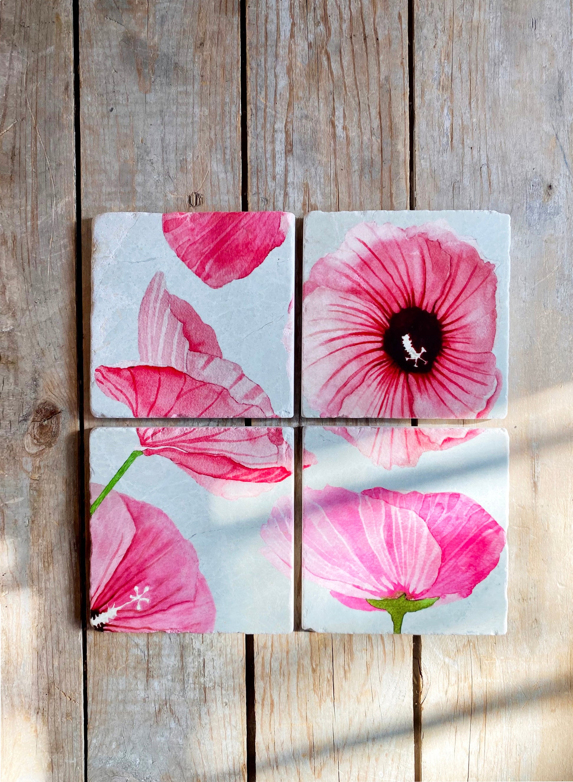 Coasters Set: Rose of Sharon on Taupe India & Purry by Jessica Hollander