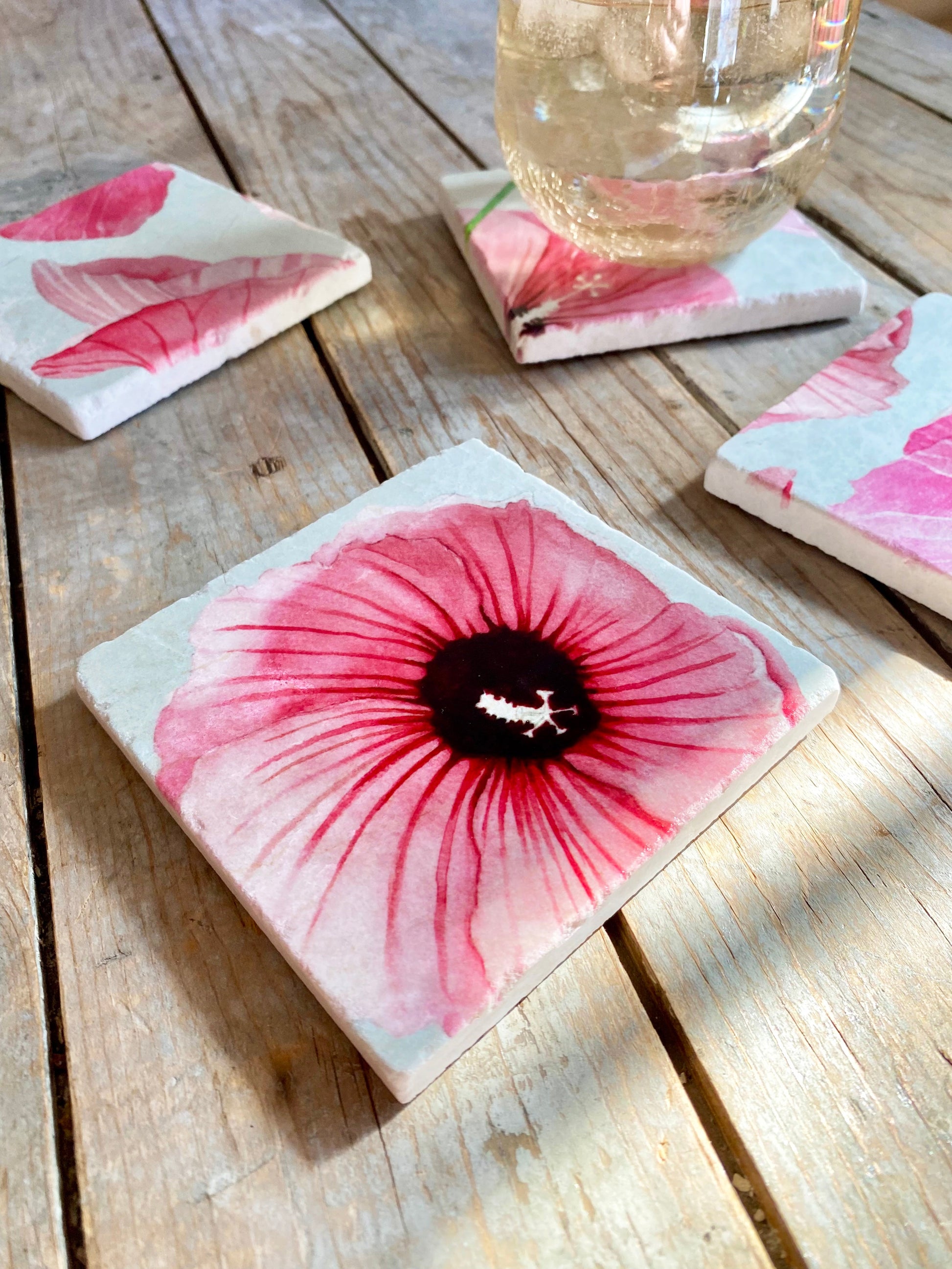 Coasters Set: Rose of Sharon on Taupe India & Purry by Jessica Hollander