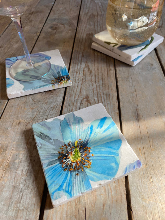 Coasters Set: Himalayan Blue Poppies on Ecru Coasters India & Purry by Jessica Hollander