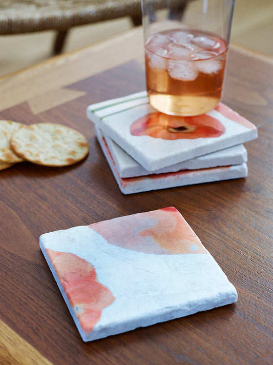 Coasters Set: Peach Poppies on Snow India & Purry by Jessica Hollander