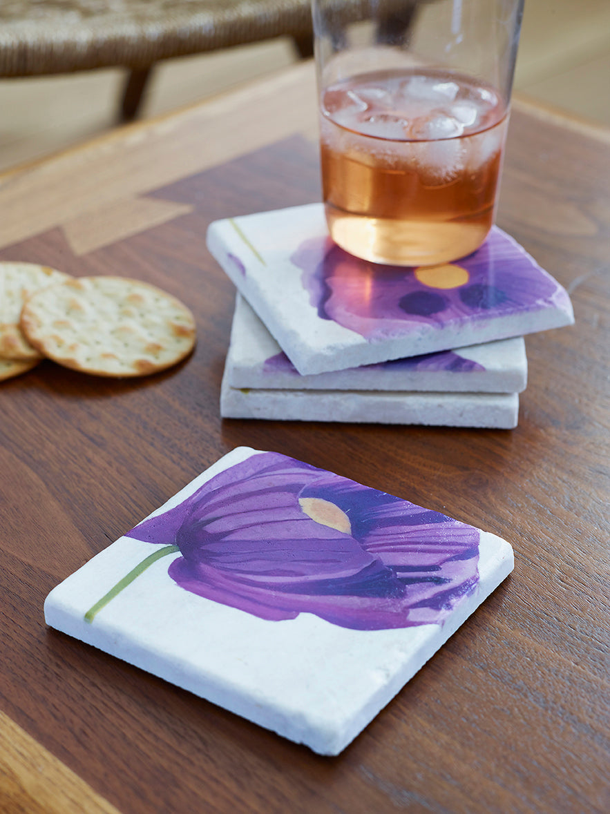 Coasters Set: Purple Poppies on Snow Coaster India & Purry by Jessica Hollander