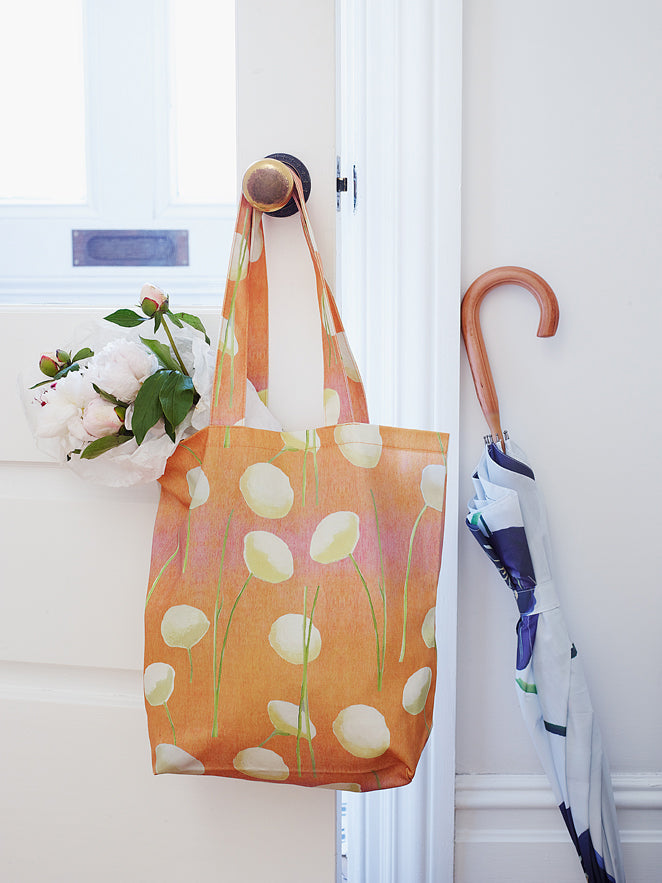 Tote Bag: Cream Flowers on Orange Tote India & Purry by Jessica Hollander