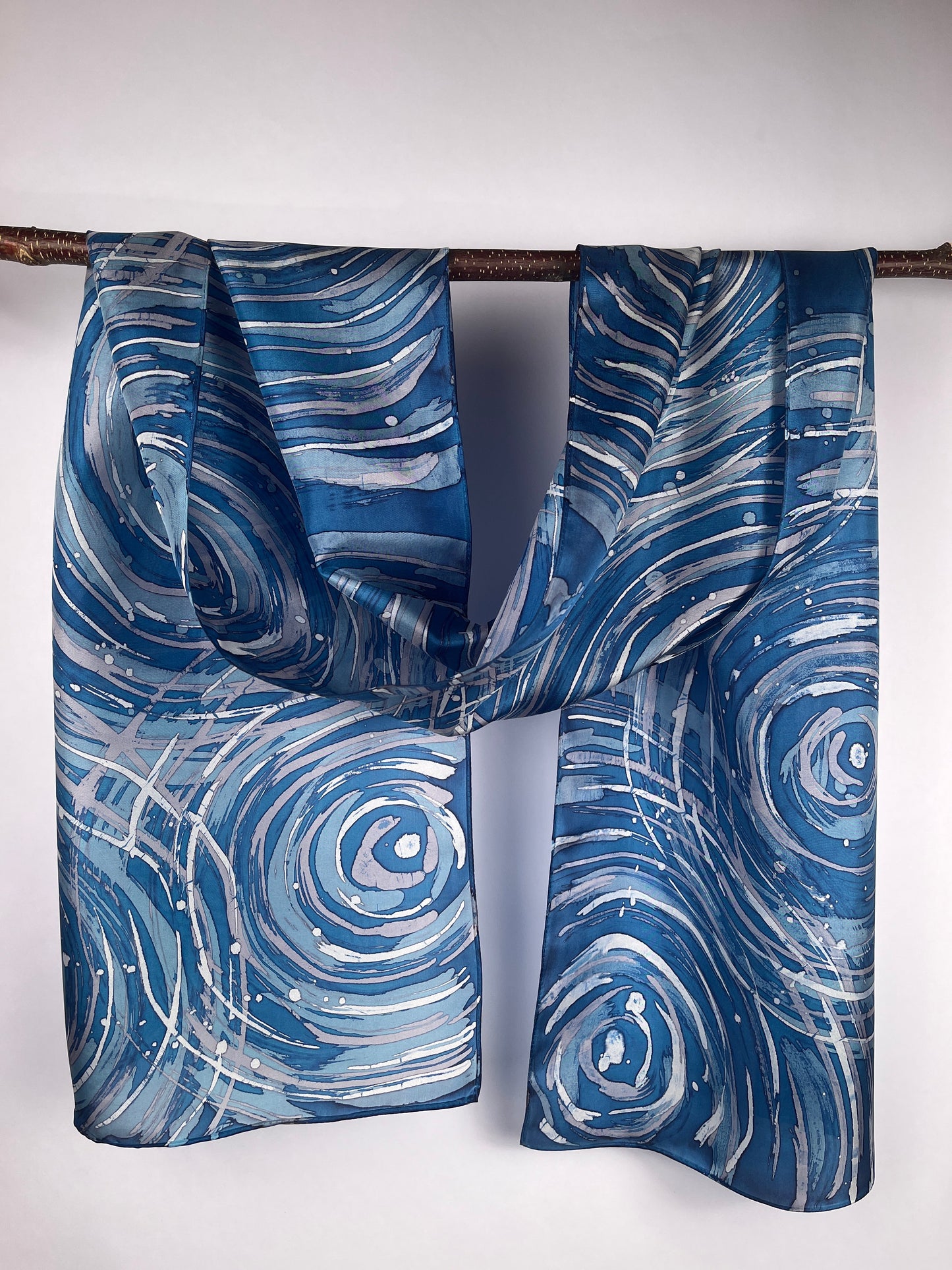 “Ripple Effect in Blues” - Hand-dyed Silk Scarf - $130 Silk Scarf Fox Run Studios