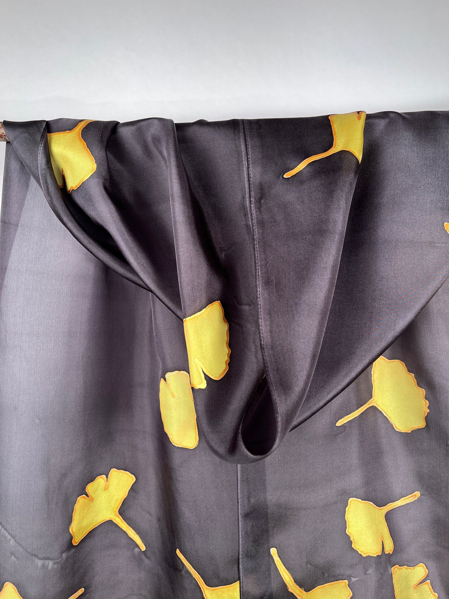 “Golden Gingko on Black" - Hand-dyed Silk Scarf - $135 Silk Scarf Fox Run Studios