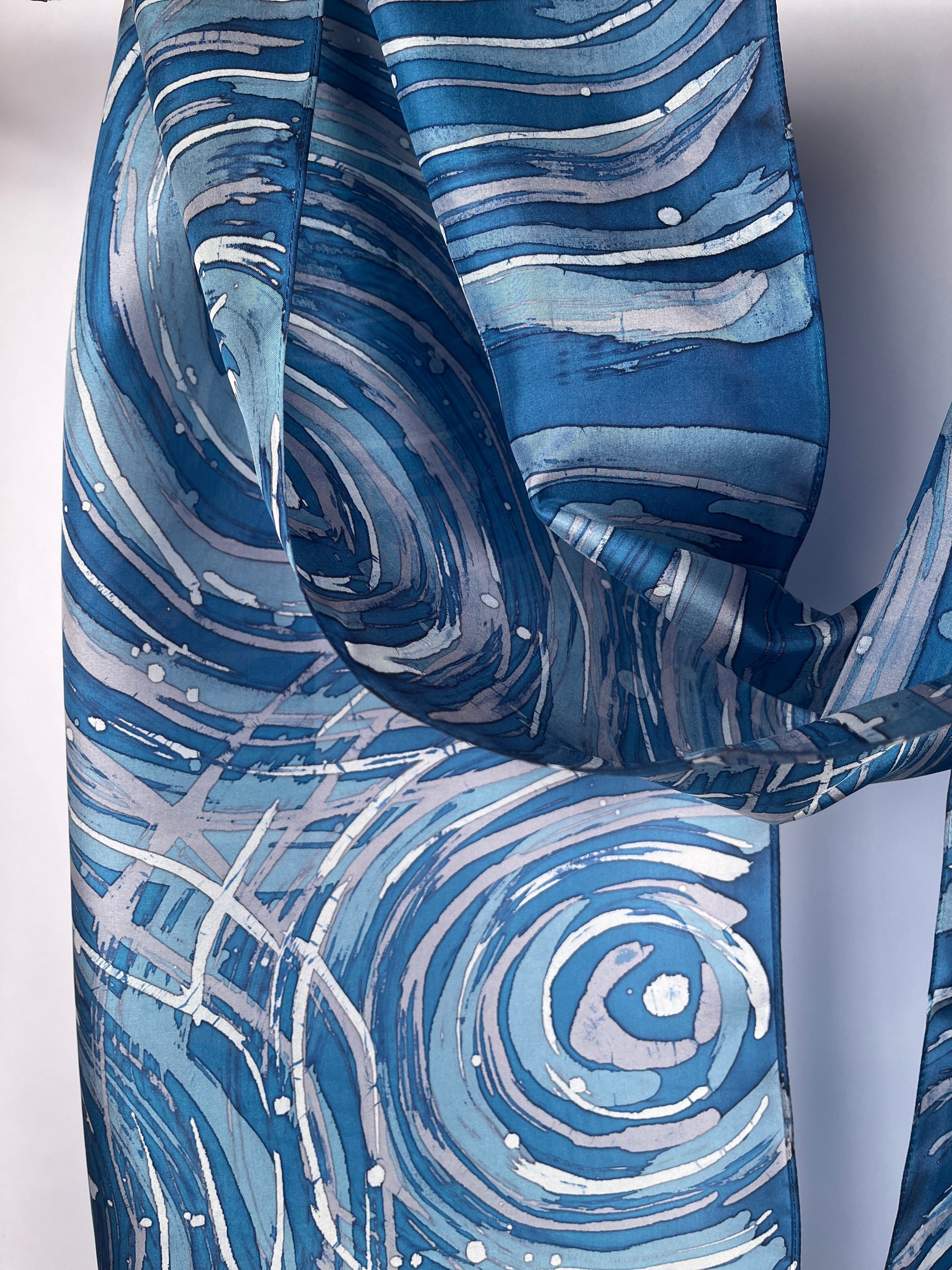 “Ripple Effect in Blues” - Hand-dyed Silk Scarf - $130 Silk Scarf Fox Run Studios