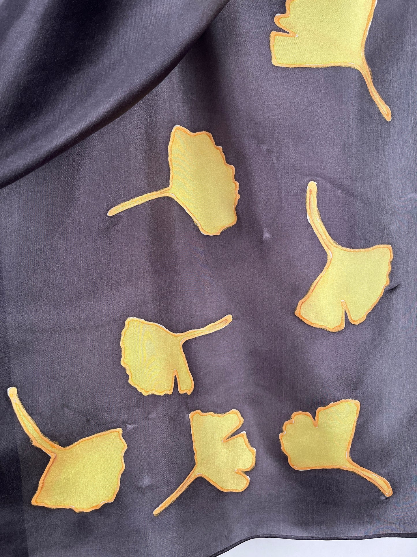 “Golden Gingko on Black" - Hand-dyed Silk Scarf - $135 Silk Scarf Fox Run Studios