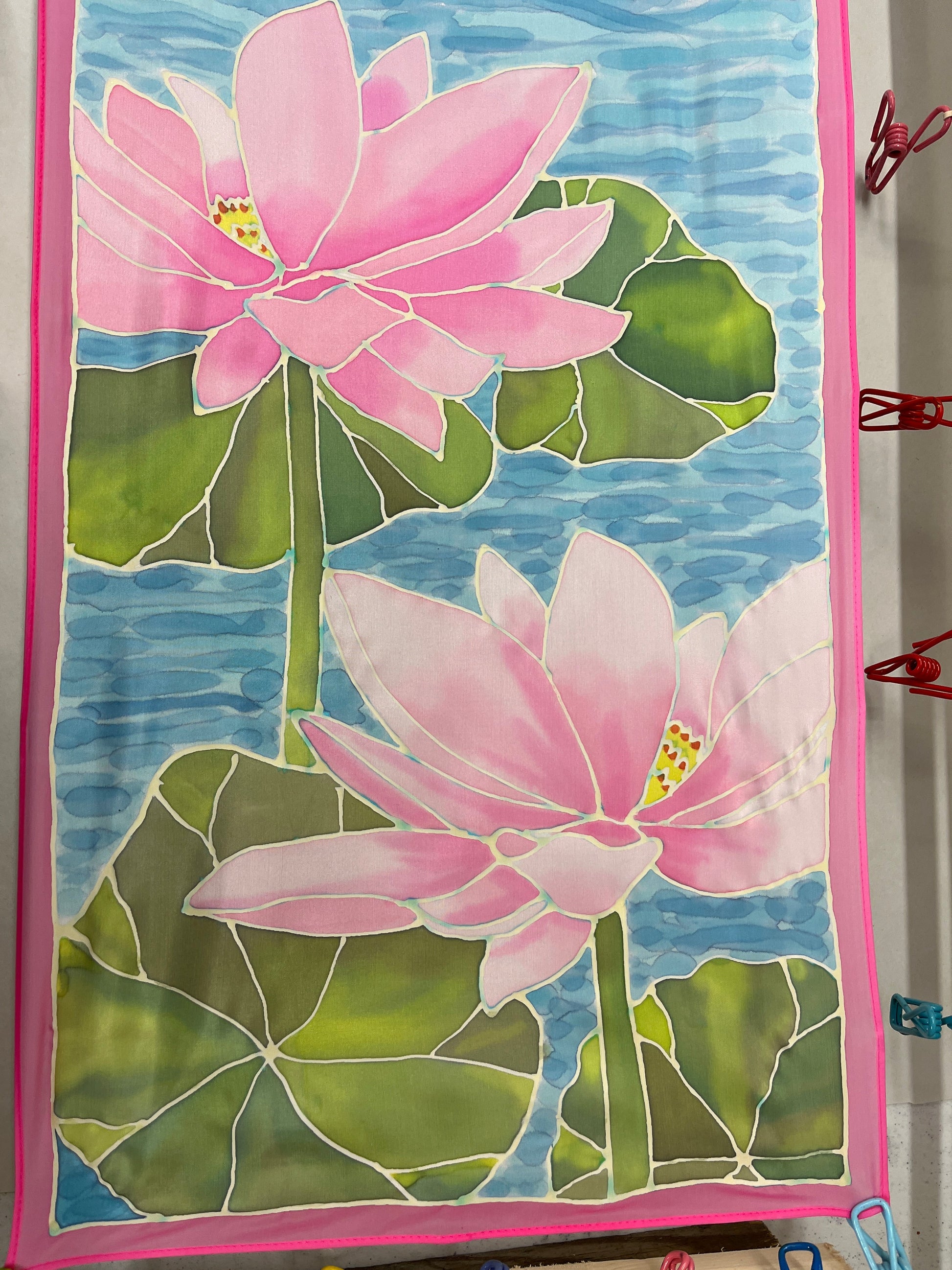 “Water Lilies” Hand-dyed Silk Scarf - $150 Silk Scarf Fox Run Studios