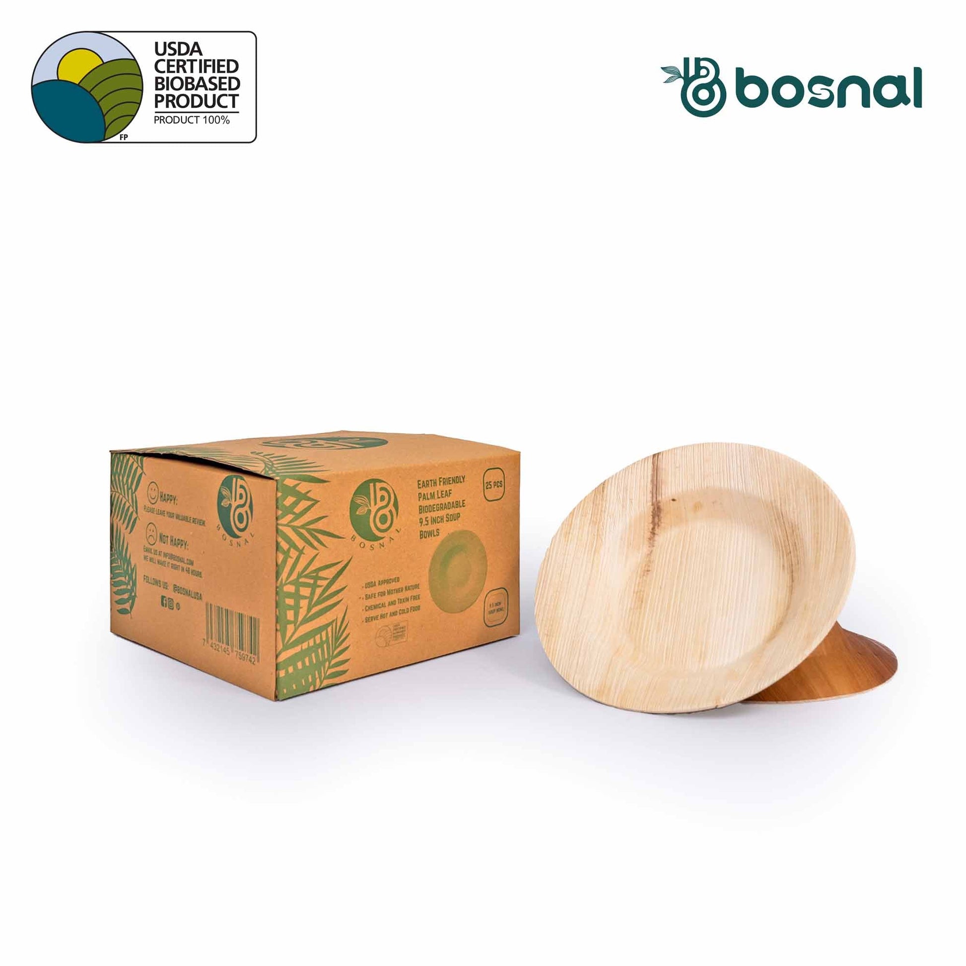 Bosnal - Palm Leaf Biodegradable Bowls, 9.5 inch Round Soup Bowl, 25 Pcs Bowls Bosnal