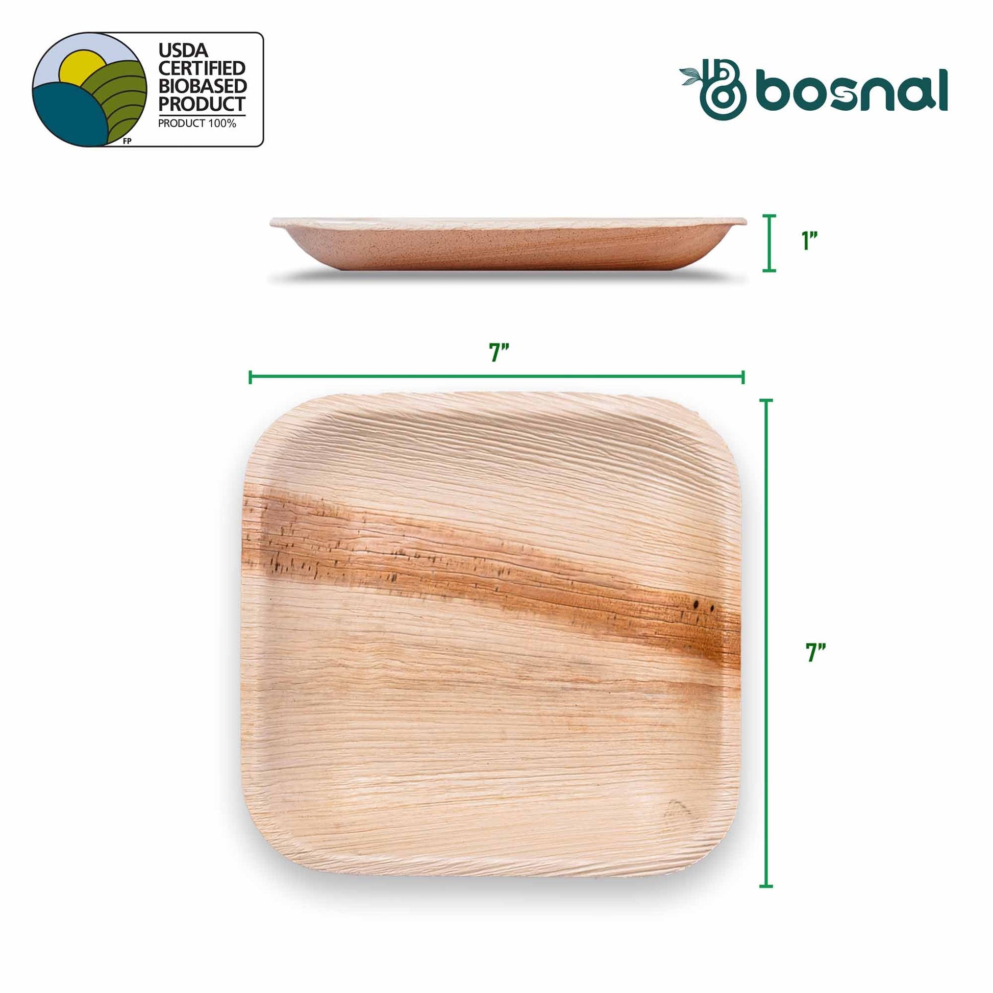 Bosnal - Palm Leaf Biodegradable Plates; 7 inch, Square, 25 Pcs Plates Bosnal