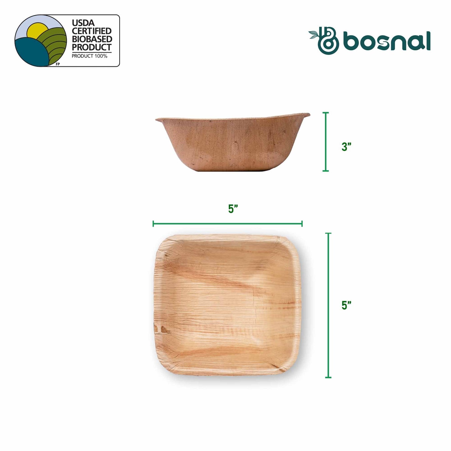 Bosnal - Palm Leaf Biodegradable Bowls, 5 inch, Square, 25 Pcs Bowls Bosnal