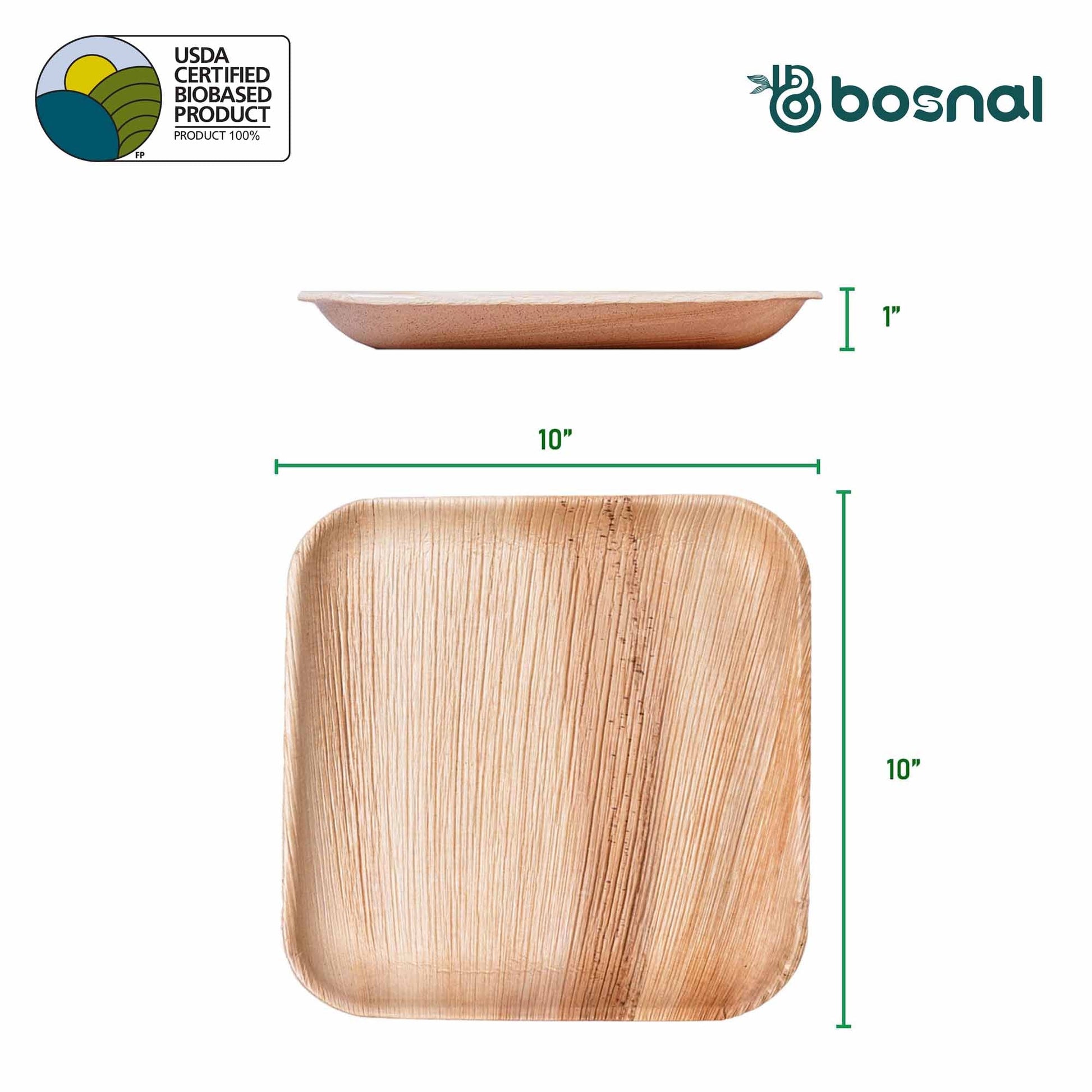 Bosnal - Palm Leaf Biodegradable Plates, 10 inch, Square, 25 Pcs plates Bosnal