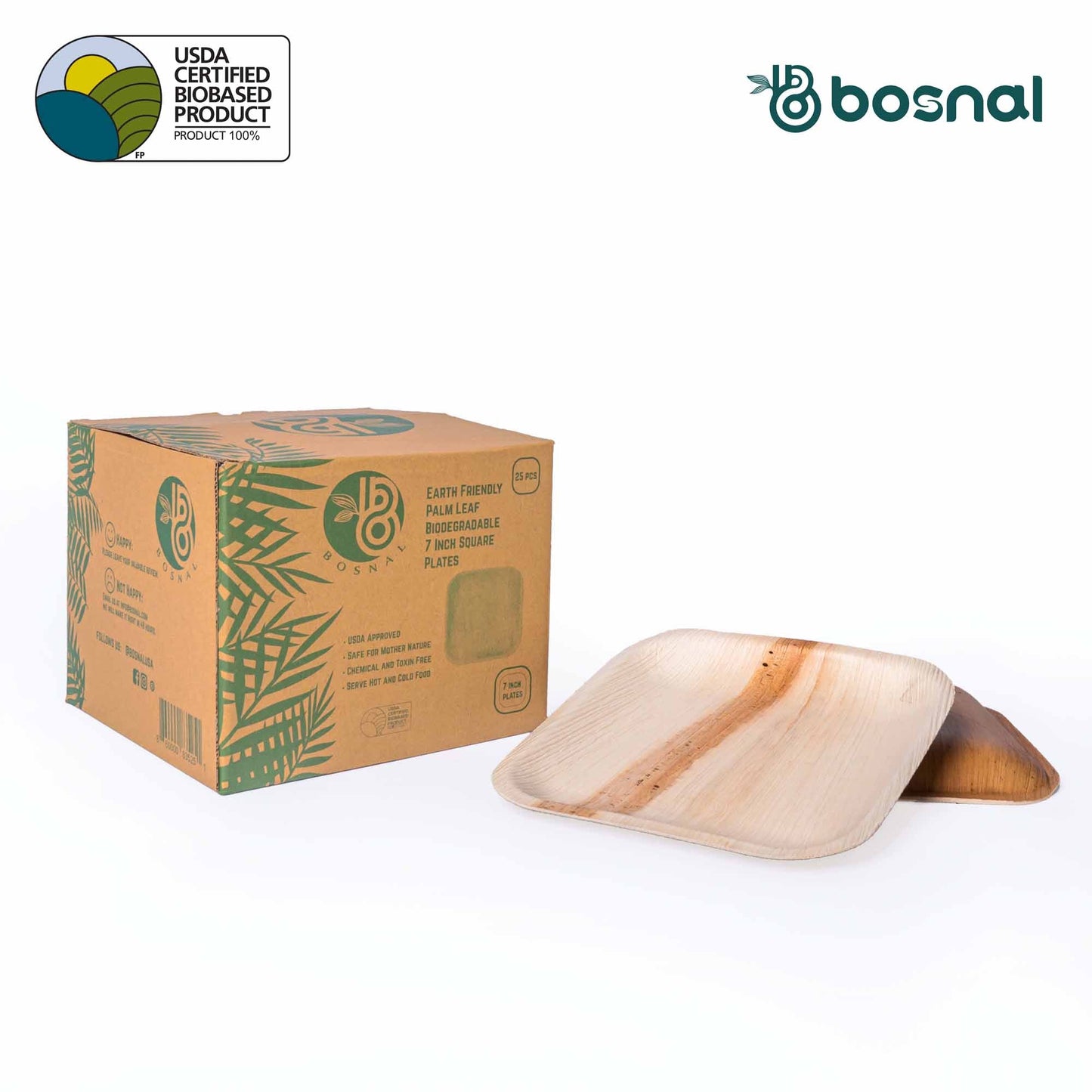 Bosnal - Palm Leaf Biodegradable Plates; 7 inch, Square, 25 Pcs Plates Bosnal