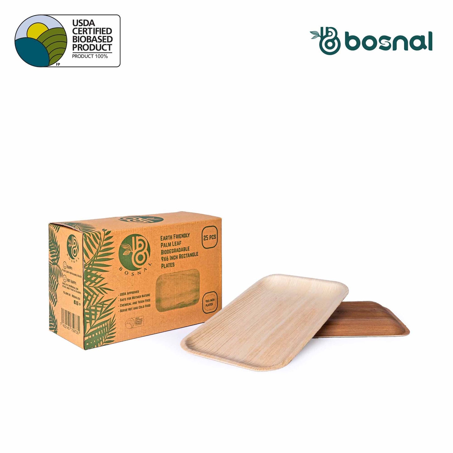 Bosnal - Palm Leaf Biodegradable Plates, 9 x 6 inch Rectangle , 25 Pcs plates Bosnal