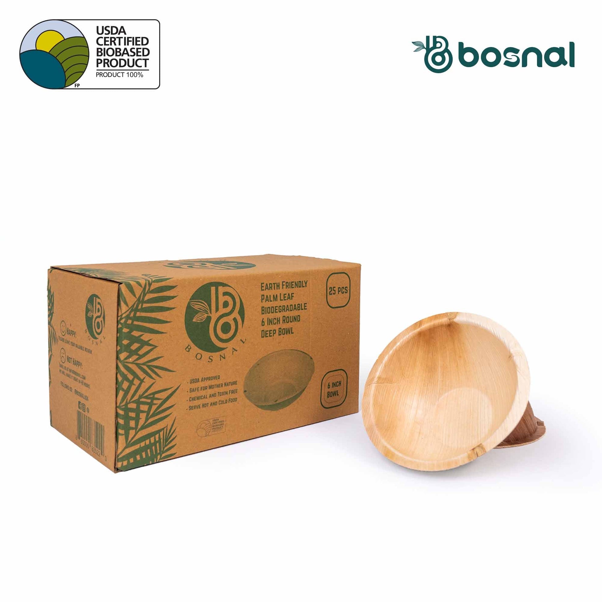 Bosnal - Palm Leaf Biodegradable Plates, 6 inch, Round Bowl, 25 Pcs Plates Bosnal