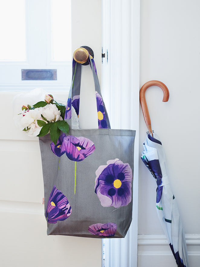 Tote Bag: Purple Poppies on Grey Tote India & Purry by Jessica Hollander