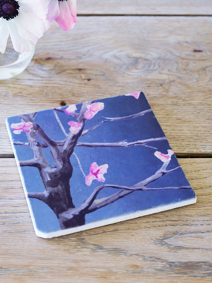 Trivet: Tree with Pink Flowers on Dark Grey Trivet India & Purry by Jessica Hollander