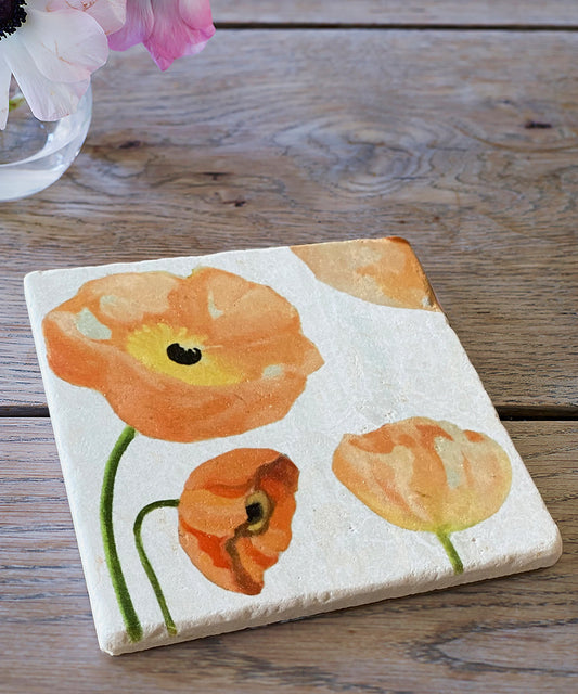 Trivet: Peach Poppies on Snow Trivet Gift Set India & Purry by Jessica Hollander