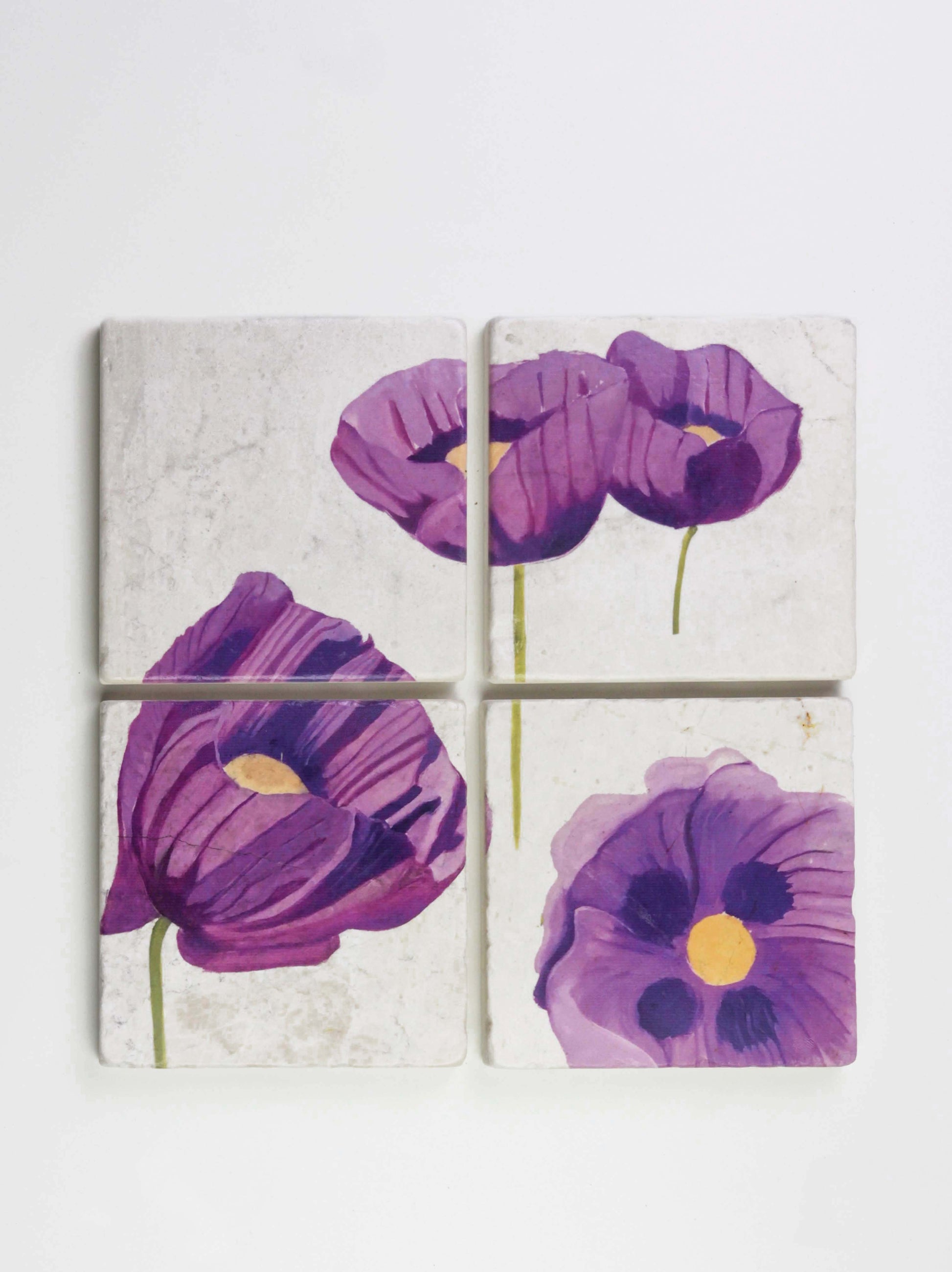 Coasters Set: Purple Poppies on Snow Coaster India & Purry by Jessica Hollander