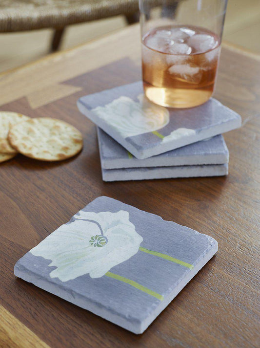 Coasters Set: White Poppies on Grey India & Purry by Jessica Hollander