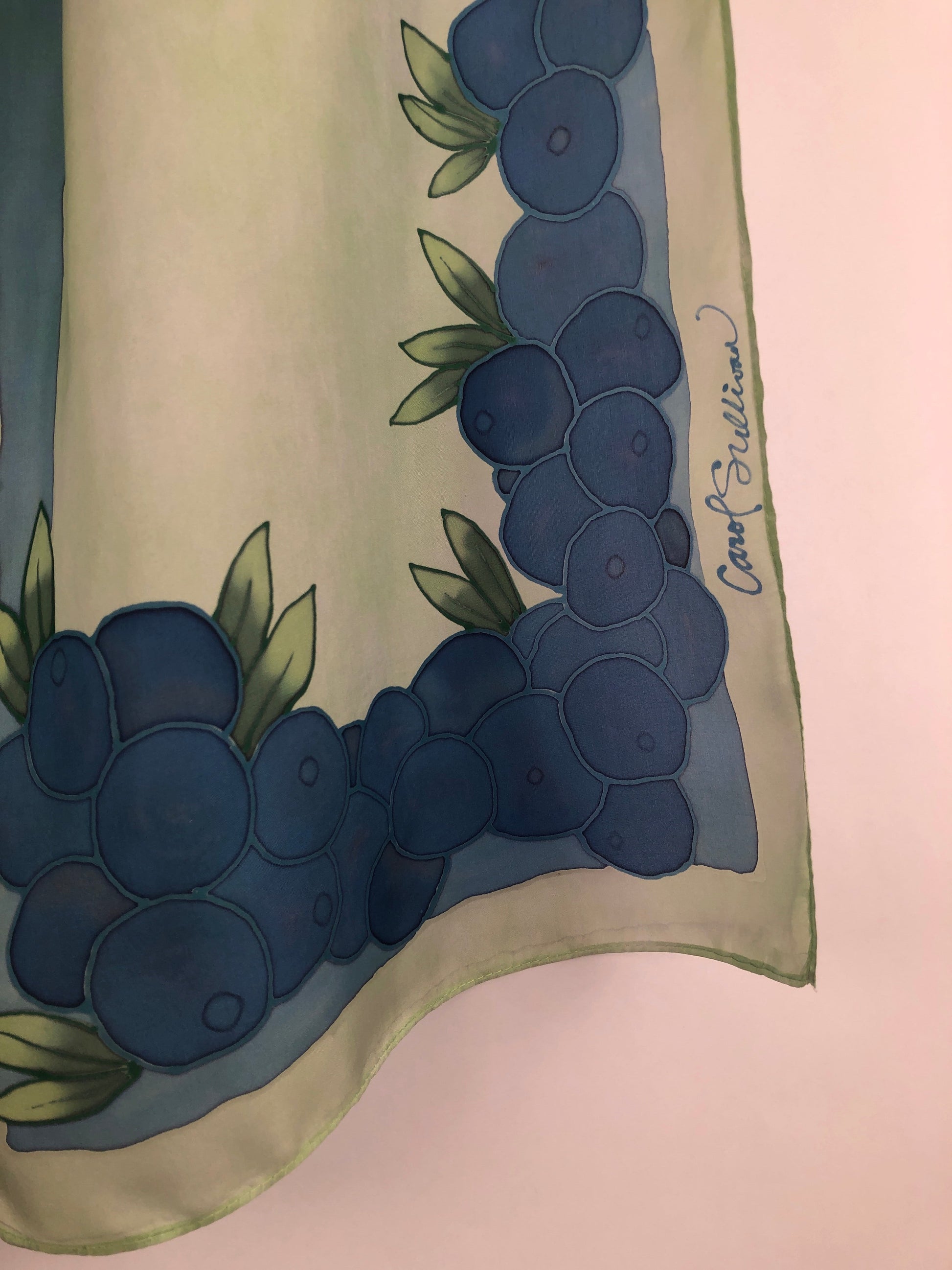 "Maine Blueberries on Green" - Hand-dyed Silk Scarf - $125 Silk Scarf Fox Run Studios