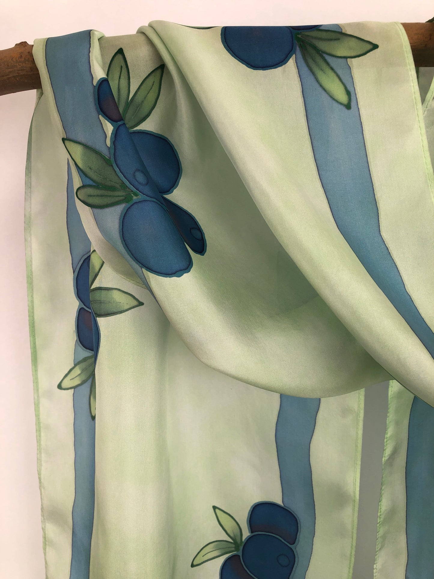 "Maine Blueberries on Green" - Hand-dyed Silk Scarf - $125 Silk Scarf Fox Run Studios