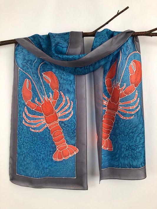 "Love Maine Lobster v1" - Hand-dyed Silk Scarf - $130 Silk Scarf Fox Run Studios