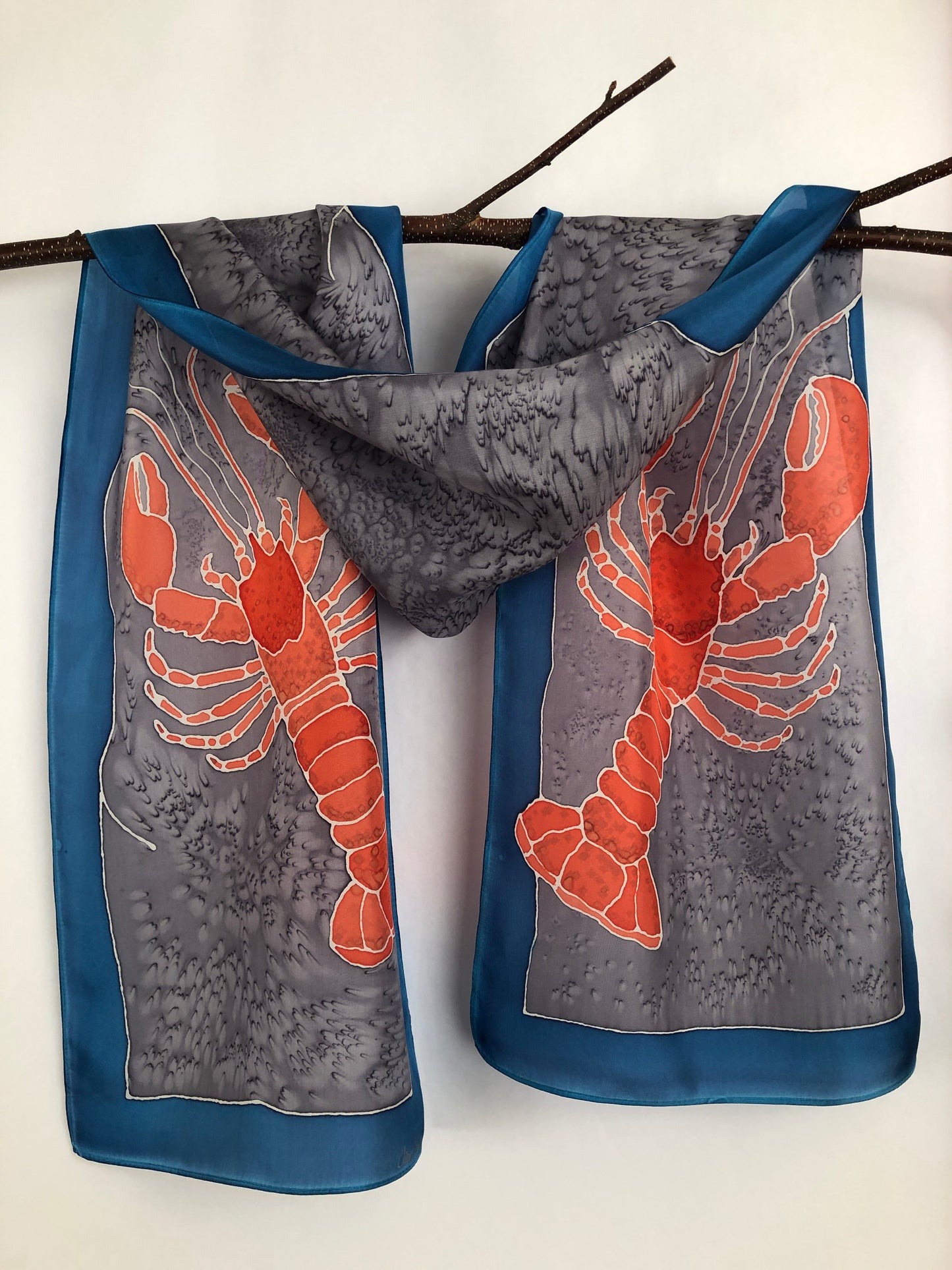 "Love Maine Lobster v1" - Hand-dyed Silk Scarf - $130 Silk Scarf Fox Run Studios