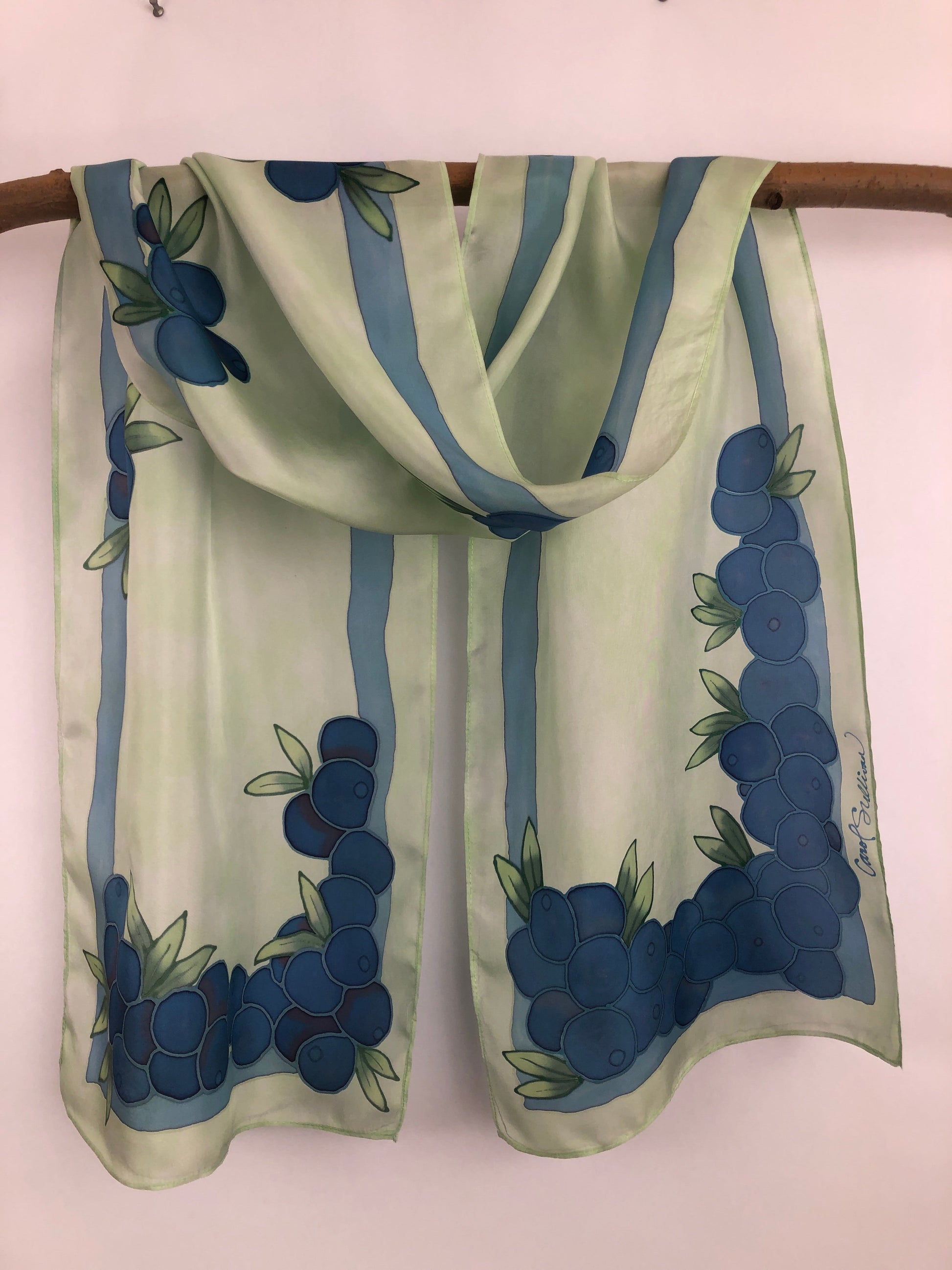 "Maine Blueberries on Green" - Hand-dyed Silk Scarf - $125 Silk Scarf Fox Run Studios