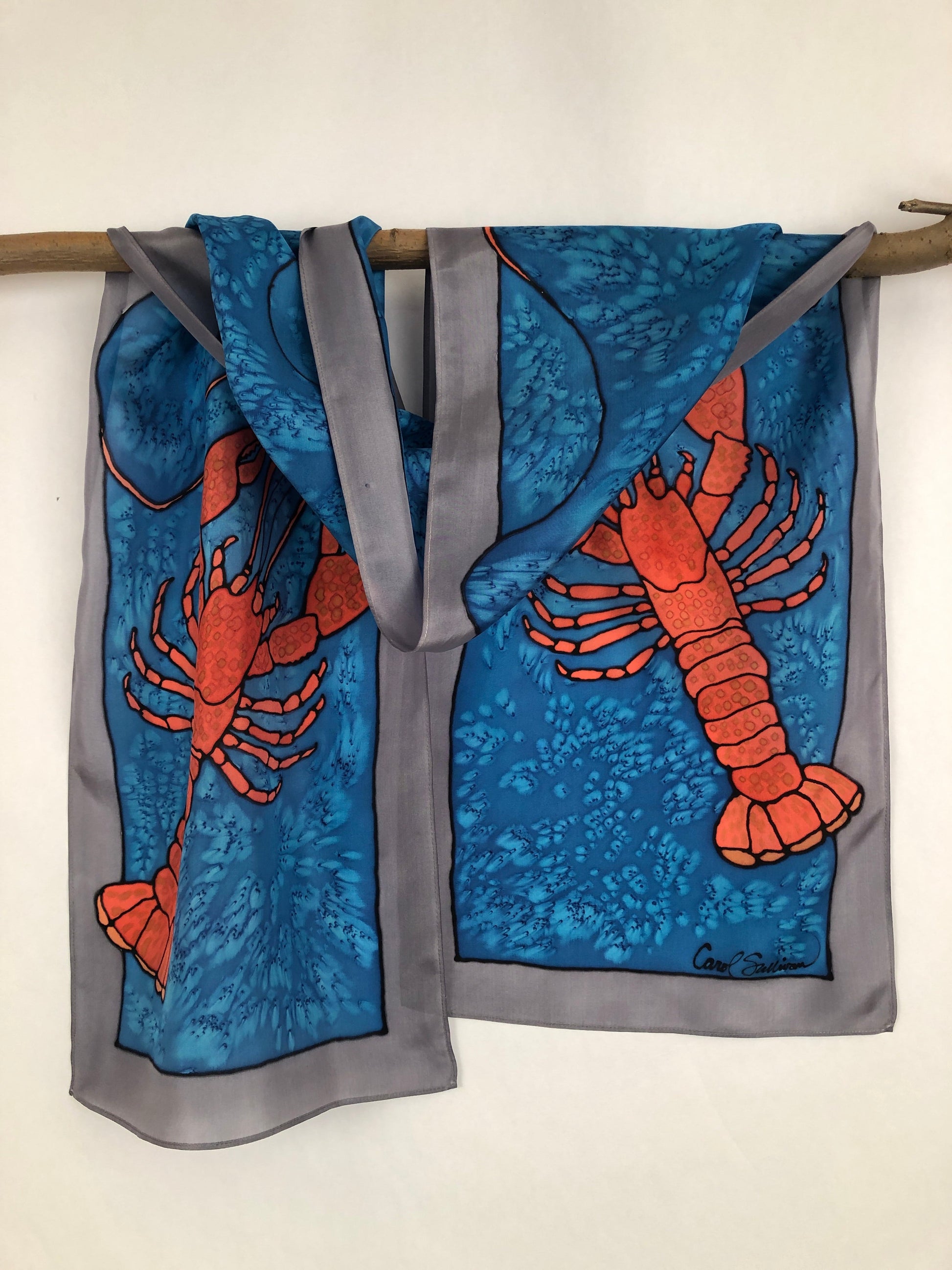 “Love Maine Lobster v2" - Hand-dyed Silk Scarf - $130 Silk Scarf Fox Run Studios