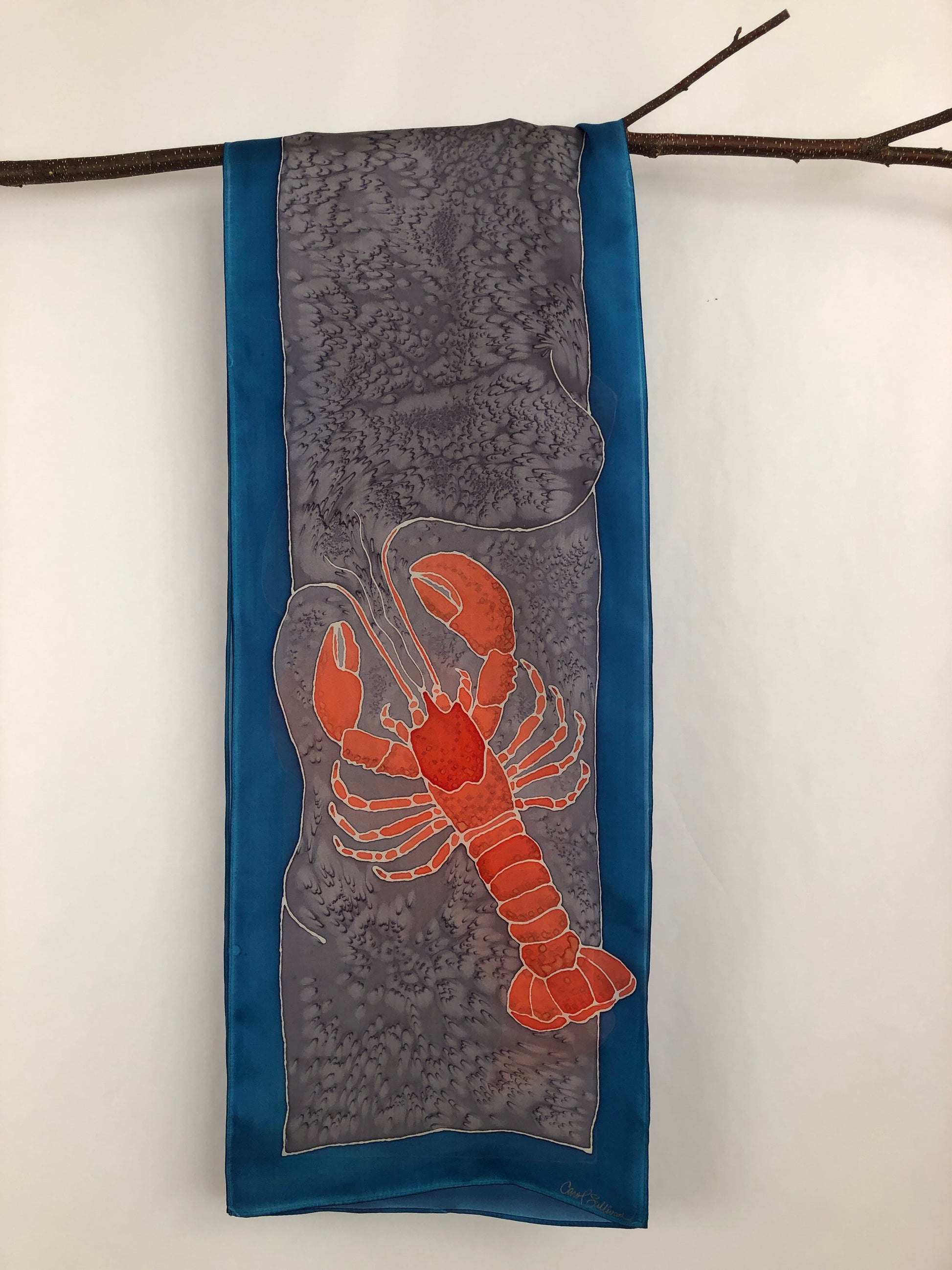 "Love Maine Lobster v1" - Hand-dyed Silk Scarf - $130 Silk Scarf Fox Run Studios