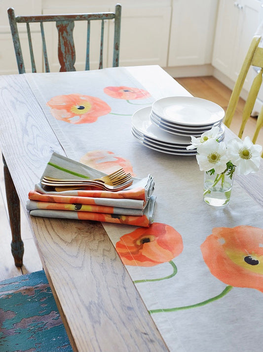 Table Runner: Peach Poppies on Grey Table Runner India & Purry by Jessica Hollander