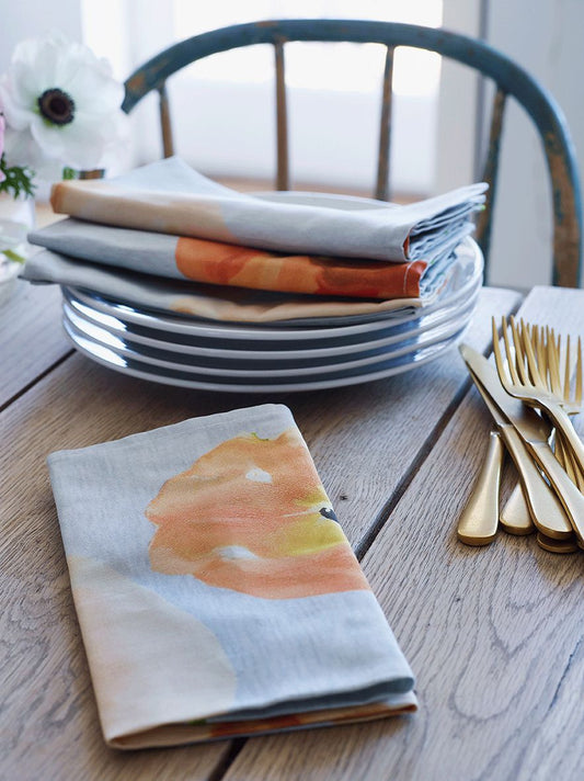 Napkin Set: Peach Poppies on Grey Cloth Napkins India & Purry by Jessica Hollander