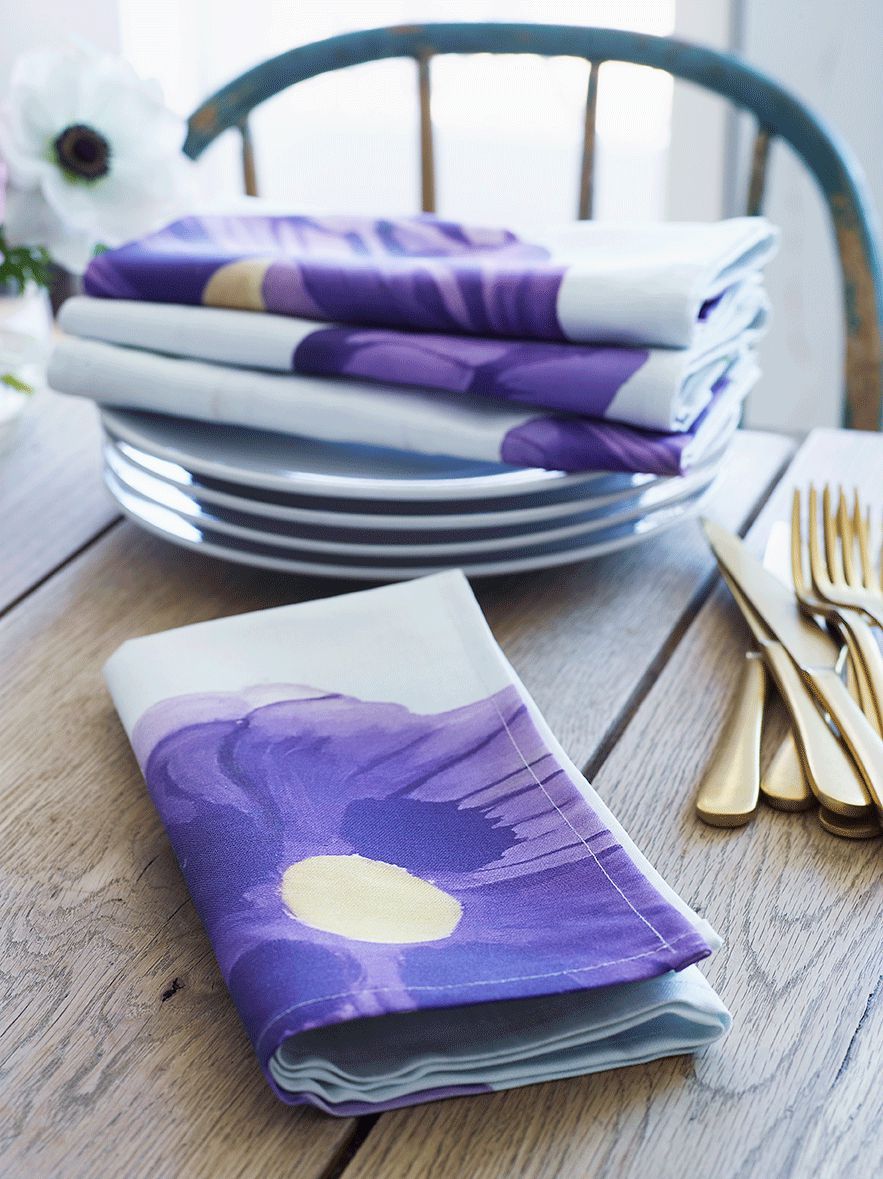 Napkin Set: Purple Poppies on Snow Cloth Napkins India & Purry by Jessica Hollander