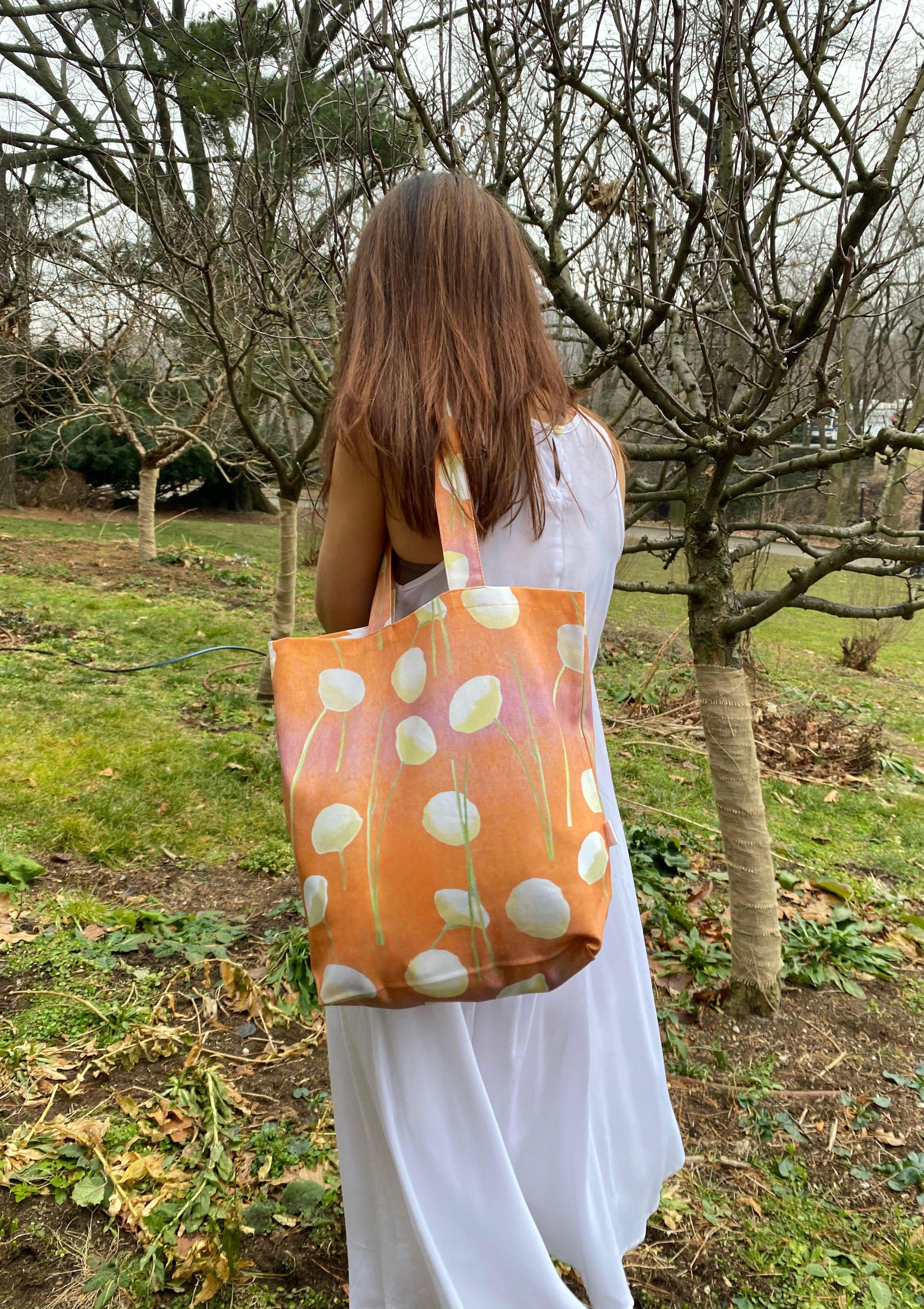 Tote Bag: Cream Flowers on Orange Tote India & Purry by Jessica Hollander