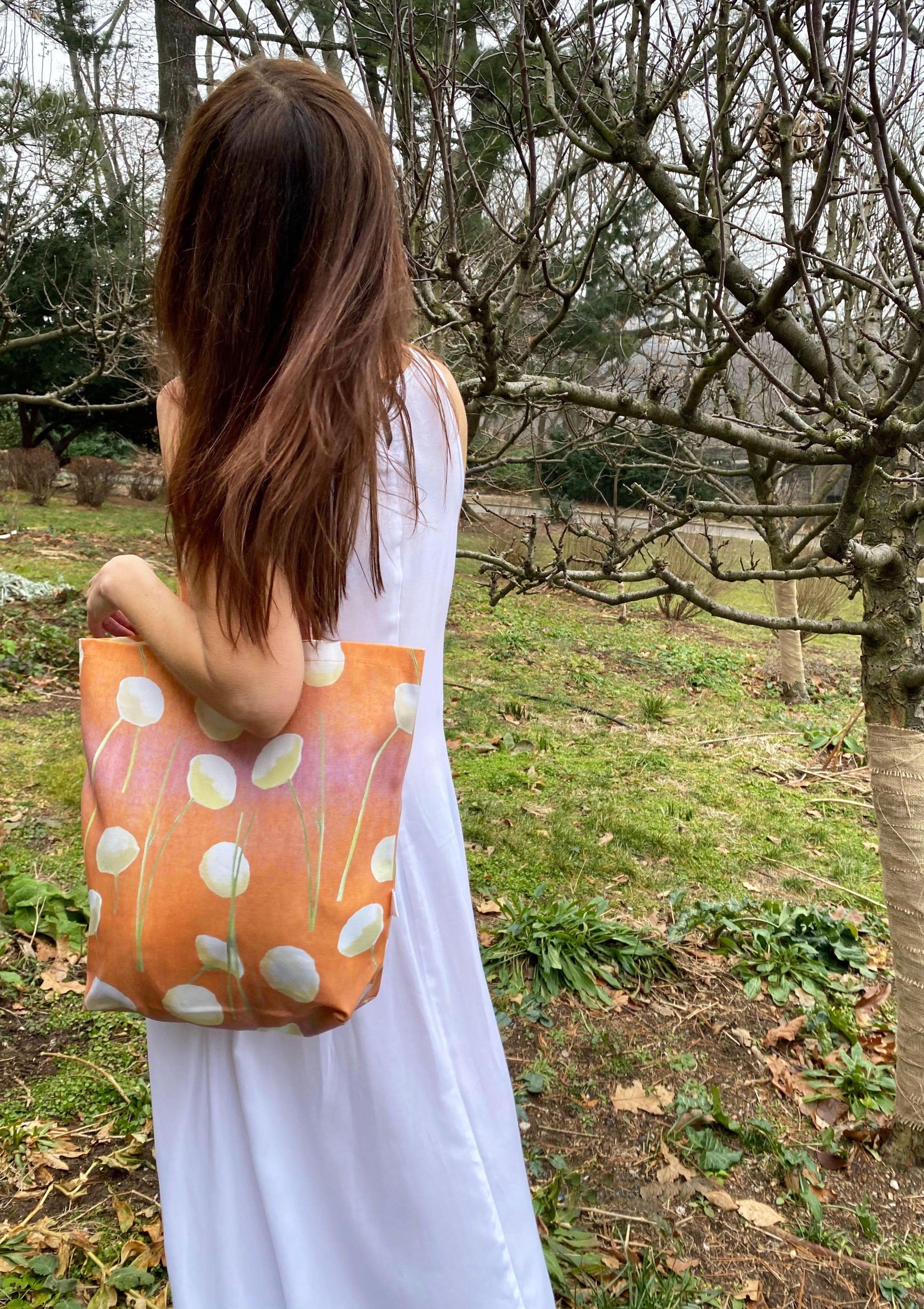 Tote Bag: Cream Flowers on Orange Tote India & Purry by Jessica Hollander