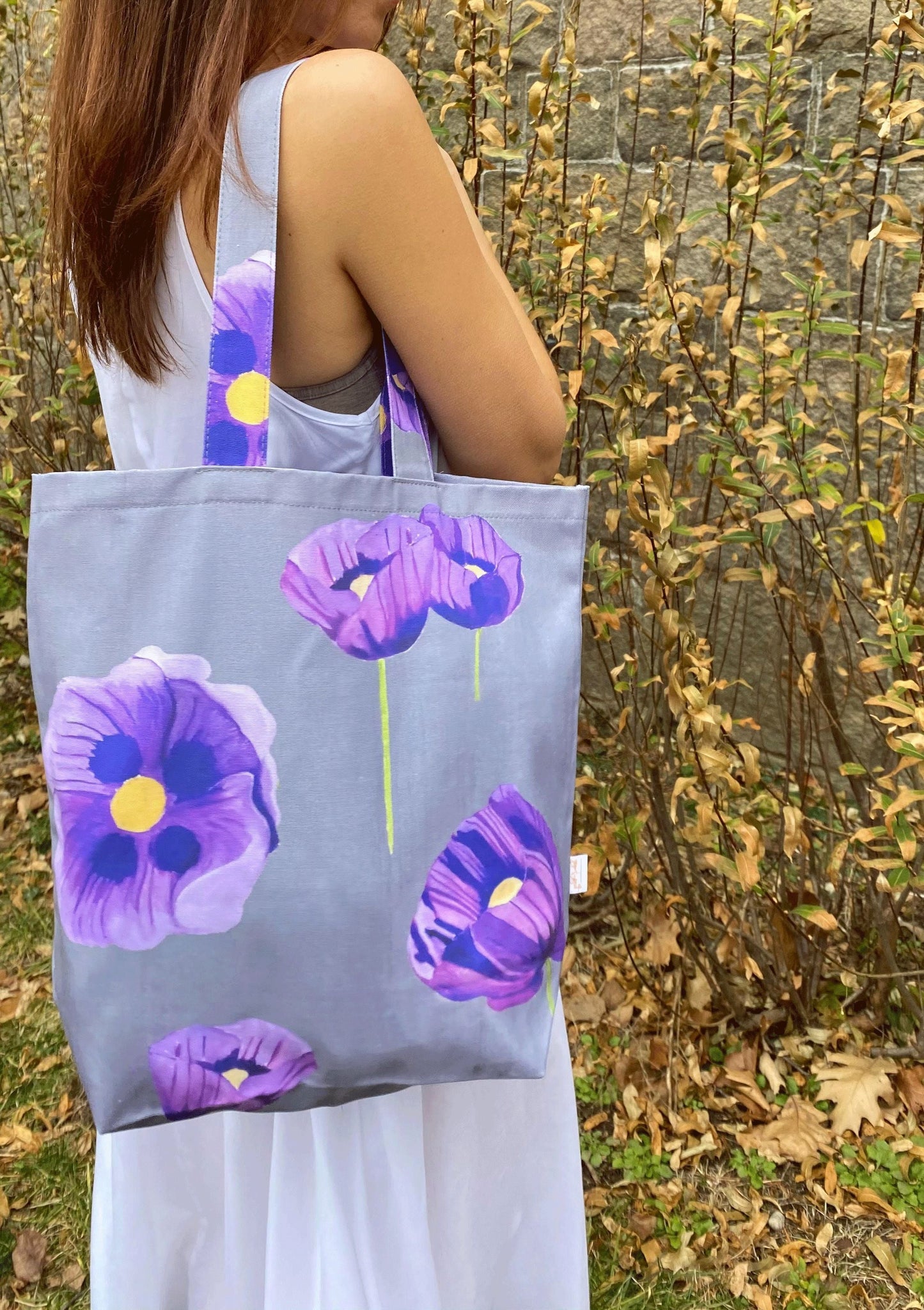 Tote Bag: Purple Poppies on Grey Tote India & Purry by Jessica Hollander