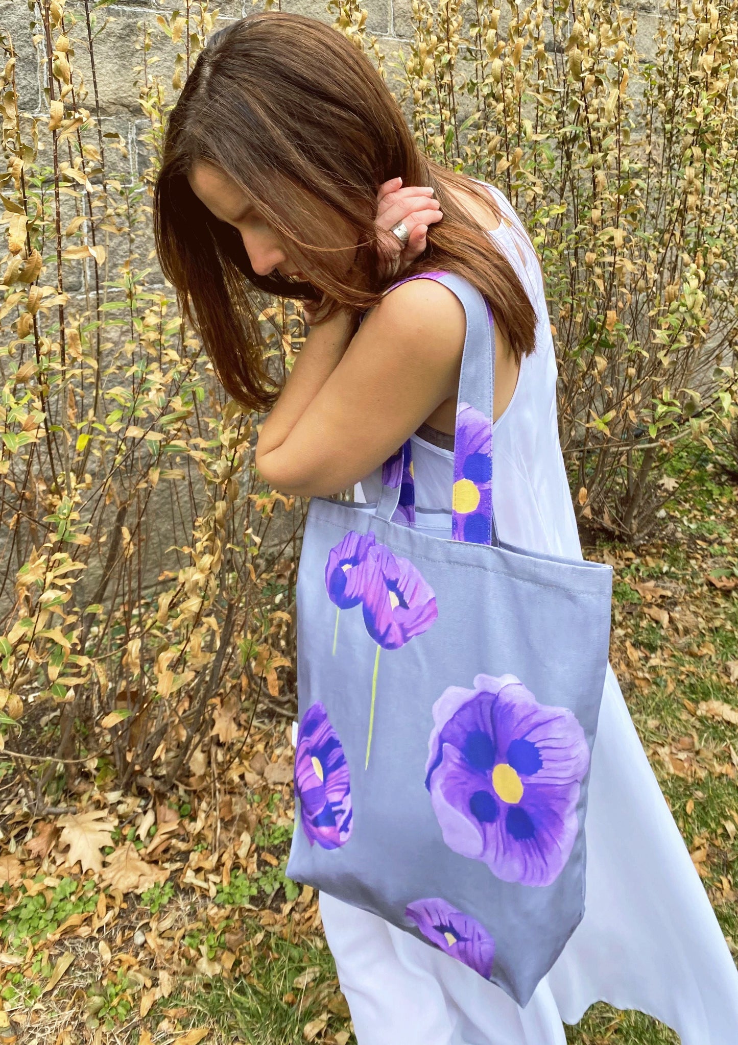 Tote Bag: Purple Poppies on Grey Tote India & Purry by Jessica Hollander