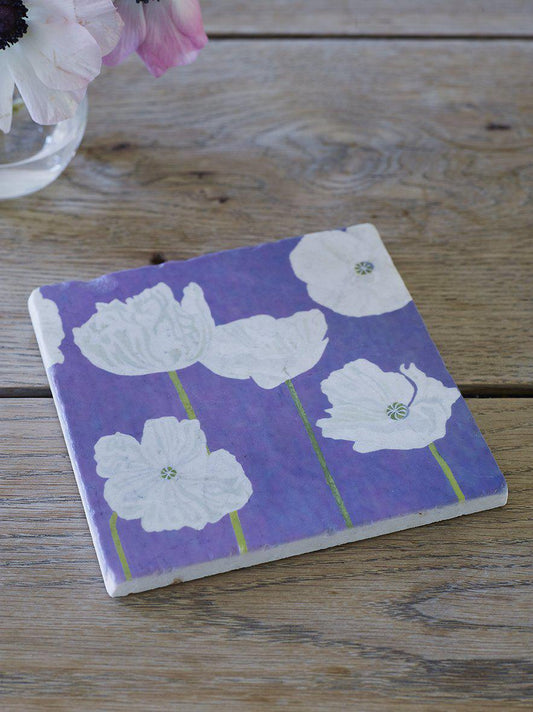 Trivet: White Poppies on Violet Trivet Gift Set India & Purry by Jessica Hollander